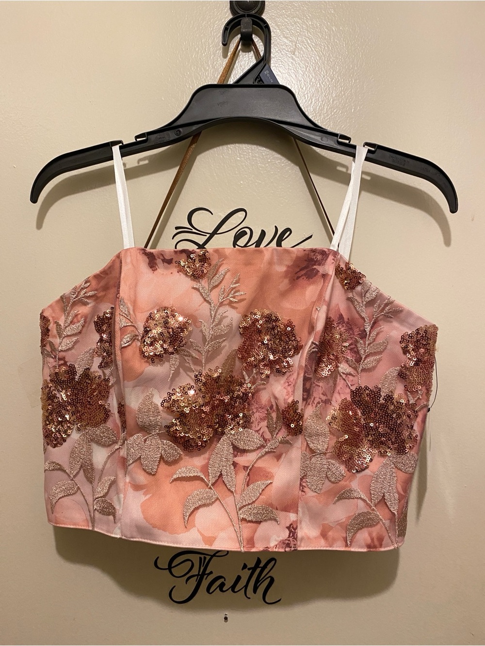 Sequined Floral Pink Crop Top with Spaghetti Straps. SZ 10 (C)